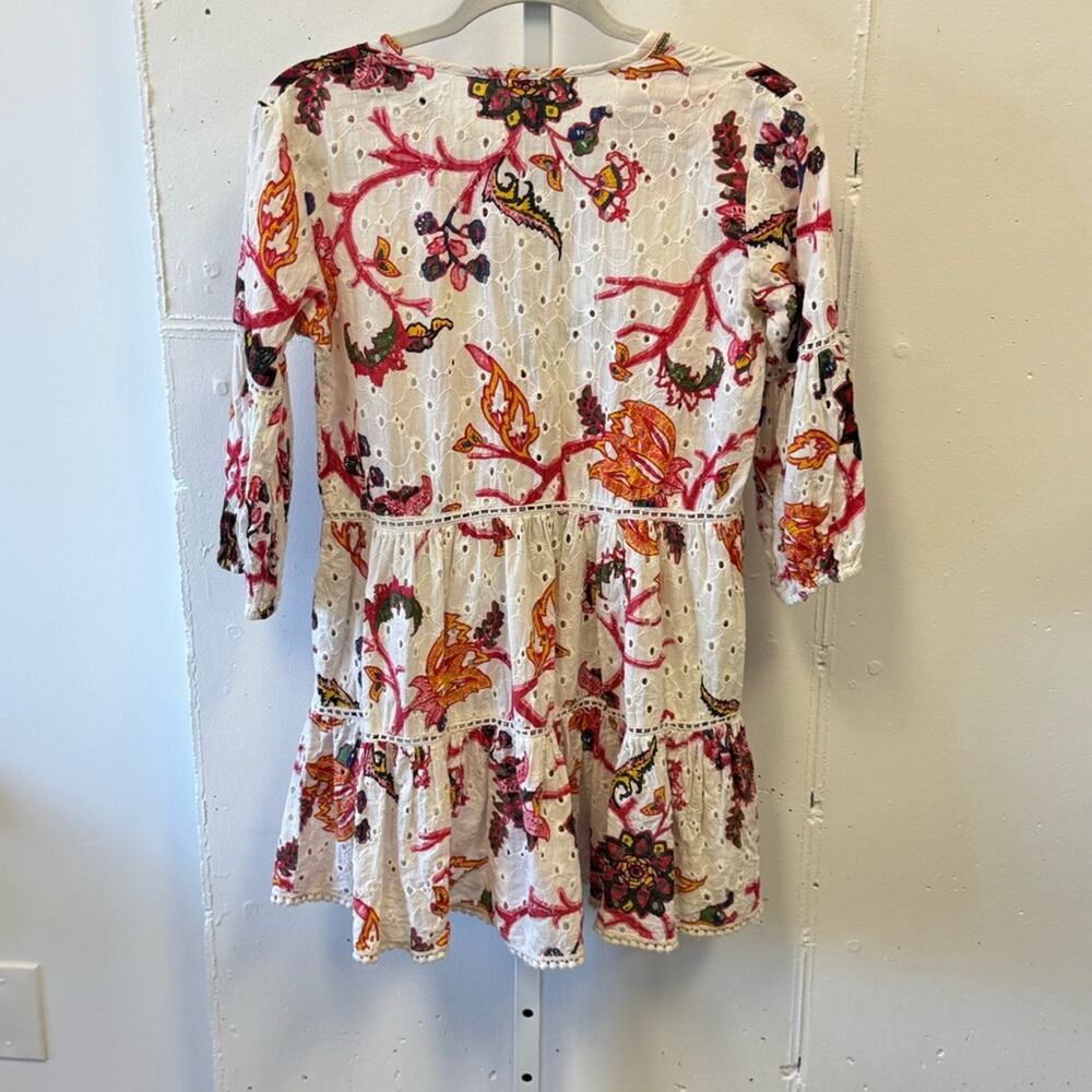 Gianni Bini 3/4 Sleeve Mini‎ Dress Babydoll Tassels Cotton Boho Floral Eyelet XS - Picture 3 of 16